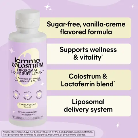 Lemme Colostrum Coffee Creamer for Gut, Skin, Hair & Healthy Aging, Sugar Free Liposomal & Grass Fed 1g Colostrum w/Lactoferrin, MCT Oil, Immunoglobulins, Vanilla Creme Flavored