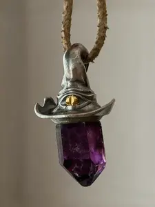 Vintage - Style Wizard Hat & Amethyst Crystal Celestial Pendant Necklace, Unique Occult - Inspired Jewelry, for Men & Women, Daily & Special Occasion Wear