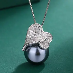 Huayoumei imitation natural freshwater pearl earrings double heart zircon Tahitian pearl necklace gray shell pearl ring