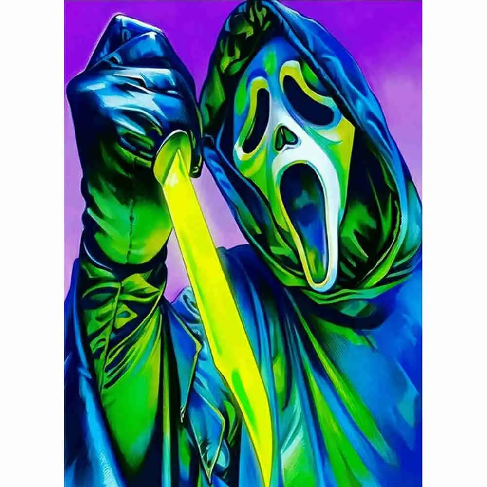 Neon Ghost Face Killer Scream Mask Horror Movie Character With Knife, Vibrant Purple Abstract Halloween Art 5D Full Drill Round & Square Diamond Painting Kit, DIY Craft Rhinestone Cross Stitch Embroidery, Spooky Gothic Wall, Diamond Pattern Design
