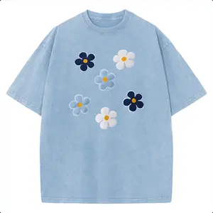 Holafish Oversize Acid Wash Vintage "Colorful Daisies" Graphic T-Shirt, Artistic Retro Floral Casual Graphic Tee, Heavyweight Cotton Streetwear Graphic Vintage Tees Unisex Crewneck Tshirt, 2026 New Color