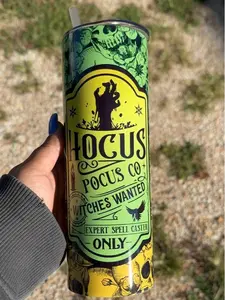 Hocus Pocus Green & Yellow Halloween Design - 20oz Custom Tumbler Bottle Drinkware Handmade Water Bottles