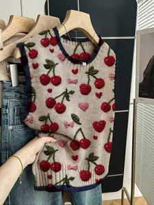 Women's Casual Fitted Knit Top, Summer Back-To-School Style, Loose Round Neck Sleeveless Sweater, Deep Blue Cherry Print, All Seasons, Knitted Top