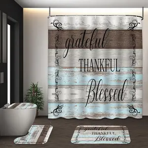 Thanksgiving Themed Bathroom Set, Including 1 Count Shower Curtain with Hooks & 1 Count Toilet Lid Cover & 1 Count Mat & 1 Count U-shaped Mat, Shower Curtain Sets