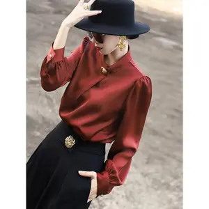 MEXCOCO Premium 2025 Early Autumn New Commuter Metal Buckle Stand up Collar Wine Red Shirt Top