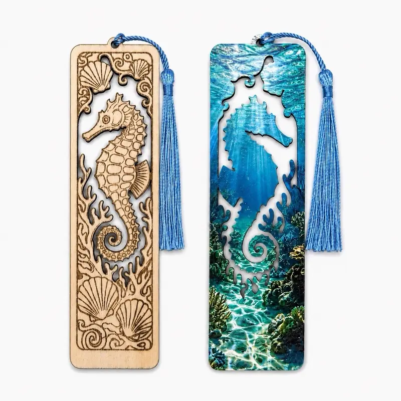 Double-Sided Seahorse Wooden Bookmark, Laser-Cut and Embossed 3D UV-Printed Ocean Design
