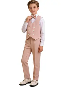 Boys Herringbone 3-Piece Formal Vest Set | Vest + Pants + Matching Bow Tie | Elegant Piano Recital, Wedding Ring Bearer, Party & Runway Outfit for Kids (No Shirt Included) - XT8219
