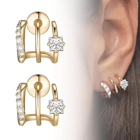Women's 14 Karat Gold Plated Triple Huggie Illusion Stud Earrings - 1-Hole Wrap Pack, Earring Stack, Multi-Row Open Design Costume Jewelry, Earrings for Women, Accessories Adults Female, Everyday Sparkle for Birthday