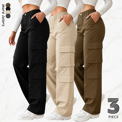 Women’s 3-Pack Straight Leg Comfortable Minimalist Cargo Trousers - Elastic Waistband, Multi-Pockets, Solid Color Everyday Pants for Women, Casual Loose Street Chic Bottoms for Holiday, Shopping, Gift