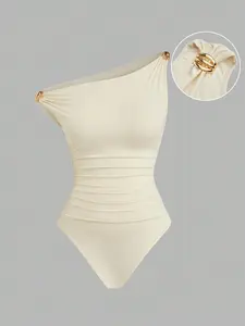 Women's Asymmetrical Shoulder Sleeveless Plain Jumpsuit, Fashionable and Slim-Fitting, Perfect for Women, Stylish One-Piece