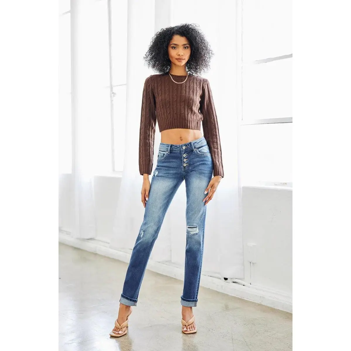 Kancan - USA Women's Dark Wash Five Pocket Button Fly Mid Rise Denim (30" Inseam) - KC8599 - Final Sale
