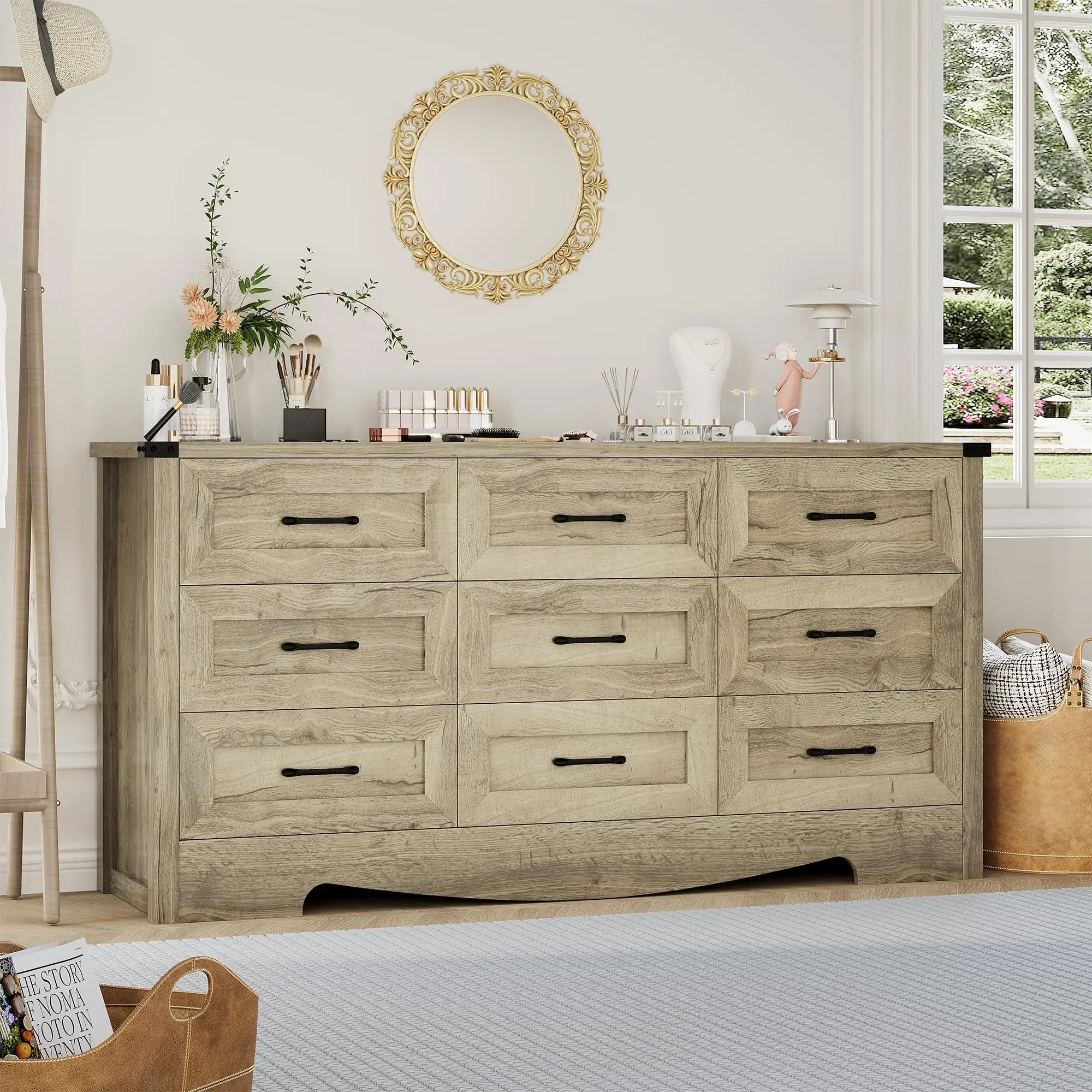 59" Wide 9-Drawer Wooden Clothes Dresser - Farmhouse Mid-Century Modern Tall Furniture Chest, Sturdy Storage Cabinet with Anti-Tip Safety for Bedroom, Living Room