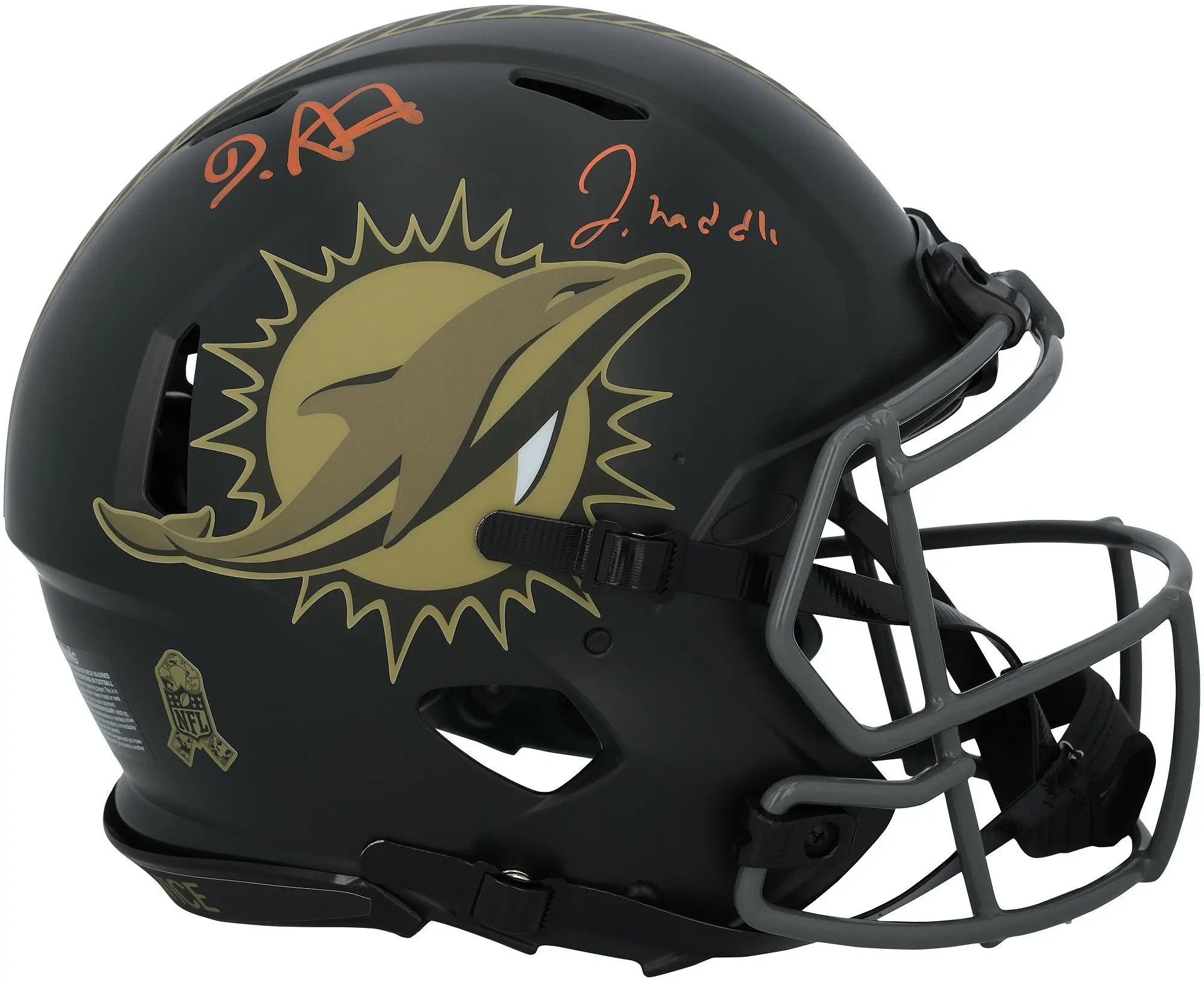 De'Von Achane and Jaylen Waddle Miami Dolphins Autographed Riddell 2025 Salute To Service Speed Authentic Helmet - Fanatics Authentic Certified
