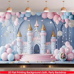 1 piece, pink and blue dream castle backdrop fabric, macaron balloon and golden star-themed photography background, polyester material, suitable for photo booths, parties, birthdays, celebrations, and indoor/outdoor home wall decor