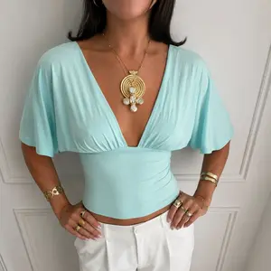 Women's Chic Solid Halter Top - Sexy V-Neck Backless Strappy Slim-Fit Elastic Going Out Top, Women's Clubwear Date Night Clothes for Summer Vacation