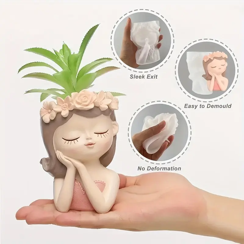 Long Hair Beautiful Girl  Flower Pot Thin Silicone Mold Succulent Potted Plaster Cement Mold