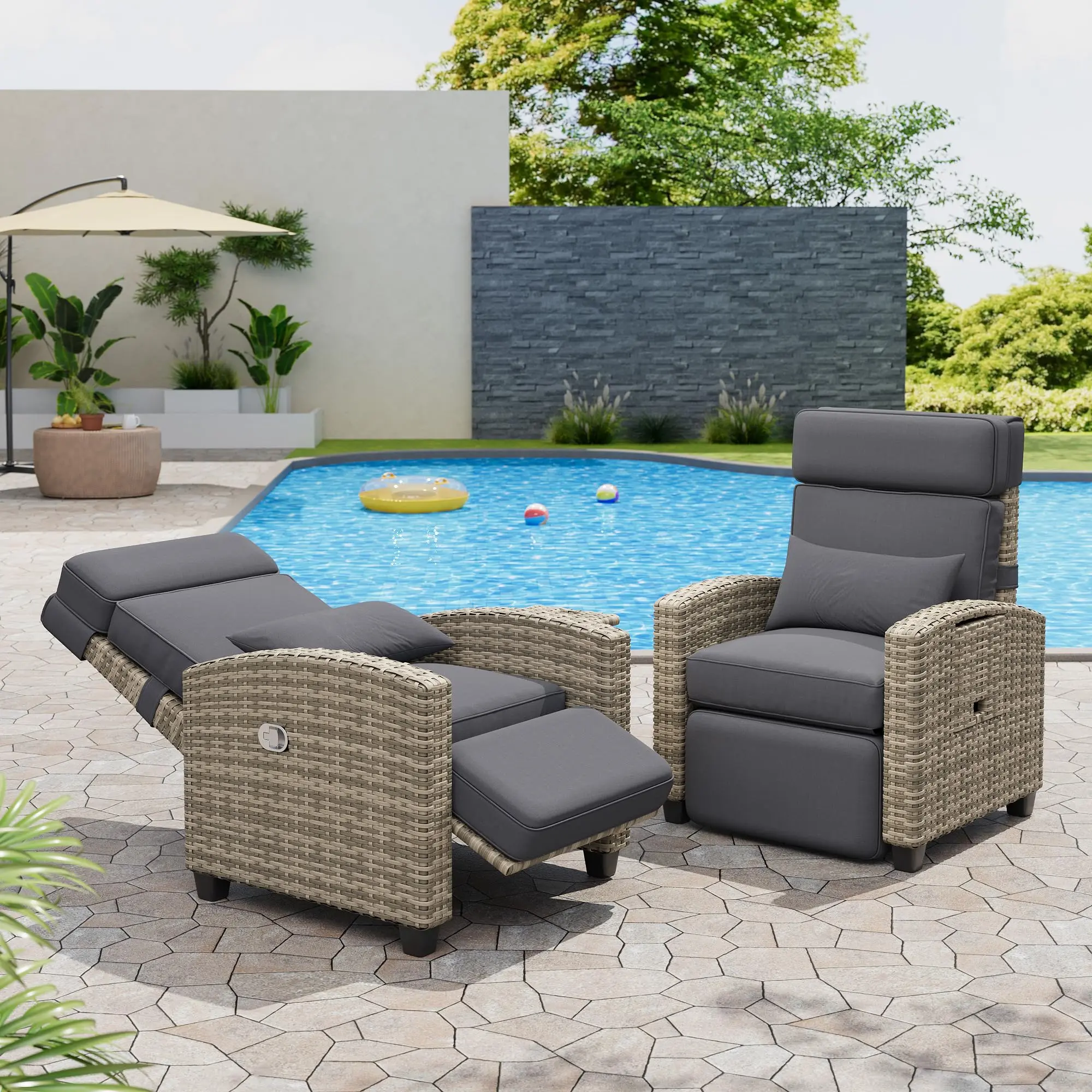 Reclining Outdoor Chair Set of 2 - Rattan Porch Chairs with 150° Lay-Flat Backrest, Flip-Up Table, Removable Outdoor Cushions, Quick Setup - Patio Seating Wicker Lounge for Garden Furniture