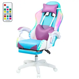 Ergonomic Computer Chair Gaming Chair with RGB LED Lights, Girl Video Chair, Ergonomic Computer Chair with Massage and Footrest, Reclining Video Game Chair for Adult