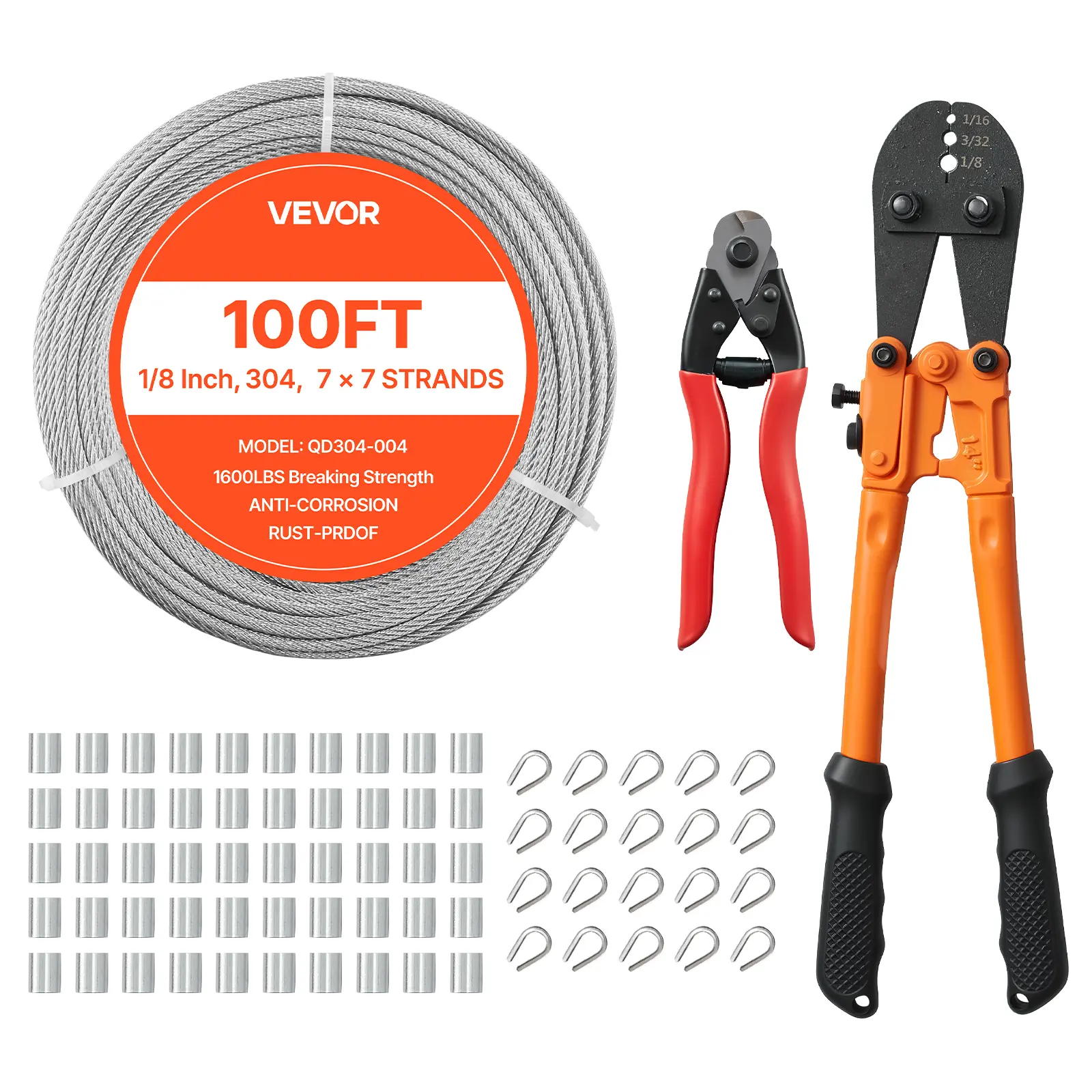 【Summerfinds】VEVOR 1/8 in 304 Stainless Steel Wire Rope Kit, 100 ft 7x7 Strands Cable with Cutter & Crimp Tool, 1600 lbs Breaking Strength, Anti-Corrosion for Deck Railing, Clotheslines, Bird-Feeder Drops, DIY Tasks