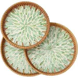 3 Pack Round Rattan Tray with Mother of  Inlay, Decorative Boho Woven Basket Trays for Breakfast  Snack Fruit Coffee