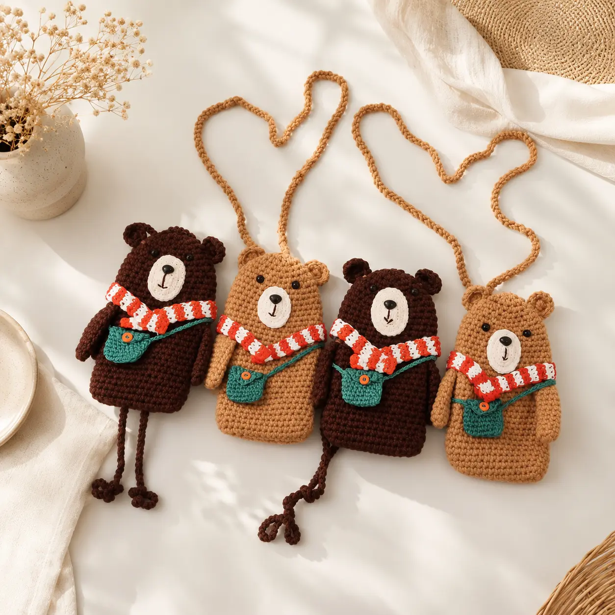 Women's Handmade Crochet Bear Crossbody Bag - Cute Kawaii Boho Cotton Yarn Purse with Open Top, Chain Strap for Everyday Use