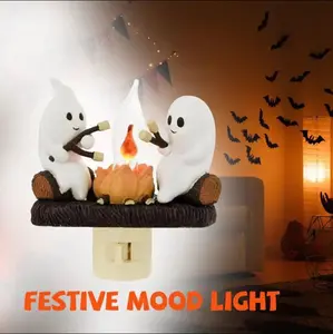 Ghost Campfire Flickering Nightlight-indoor Decoration, Halloween Night Light 3D LED Small Electric Faux Campfire Night Light, Halloween NightLight Indoor Decoration