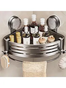 Corner Shower Caddy Suction Cup Shower Shelf Corner No Drilling Bathroom Shower Organizer Storage Rack Adhesive with Towel Bar Hooks