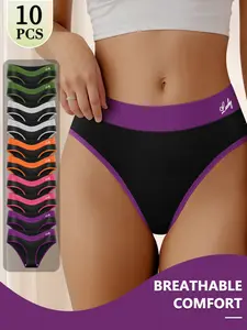 QUASTI 10-Piece Mid-Waist Breathable Butt-Lifting Women's Briefs - Color-Blocked, High Elasticity Soft Underpants , Comfortable Fabric, Stylish Panties in Multiple Colors, Womenswear Sizes S-XXL