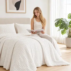 MUXHOMO 7 Pieces Comforter Set, Seersucker Bed in a Bag,girly bedroom decor,Summervibes, All Season Luxury Bedding Set with Comforter, Flat Sheet, Fitted Sheet, Pillowcases & Shams, Beige