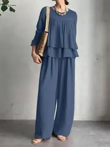 Women's Casual Solid Round Neck Long Sleeve Shirt Top + Elastic Waist Wide Leg Pants Loose Long Pants Two Piece Set Womenswear