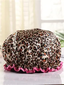 Waterproof Shower Cap with Soft Inner Layer Leopard Print Polyester Double Layered Reusable Hair Safety Elastic Fit