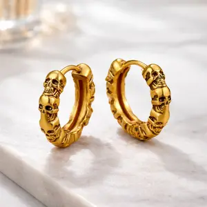 Gothic Skull Huggie Hoop Earrings Gold Plated Stainless Steel Punk Daily Wear Jewelry for Halloween Accessories for Women/Men Valentines&birthday Boujee Gifts for gf