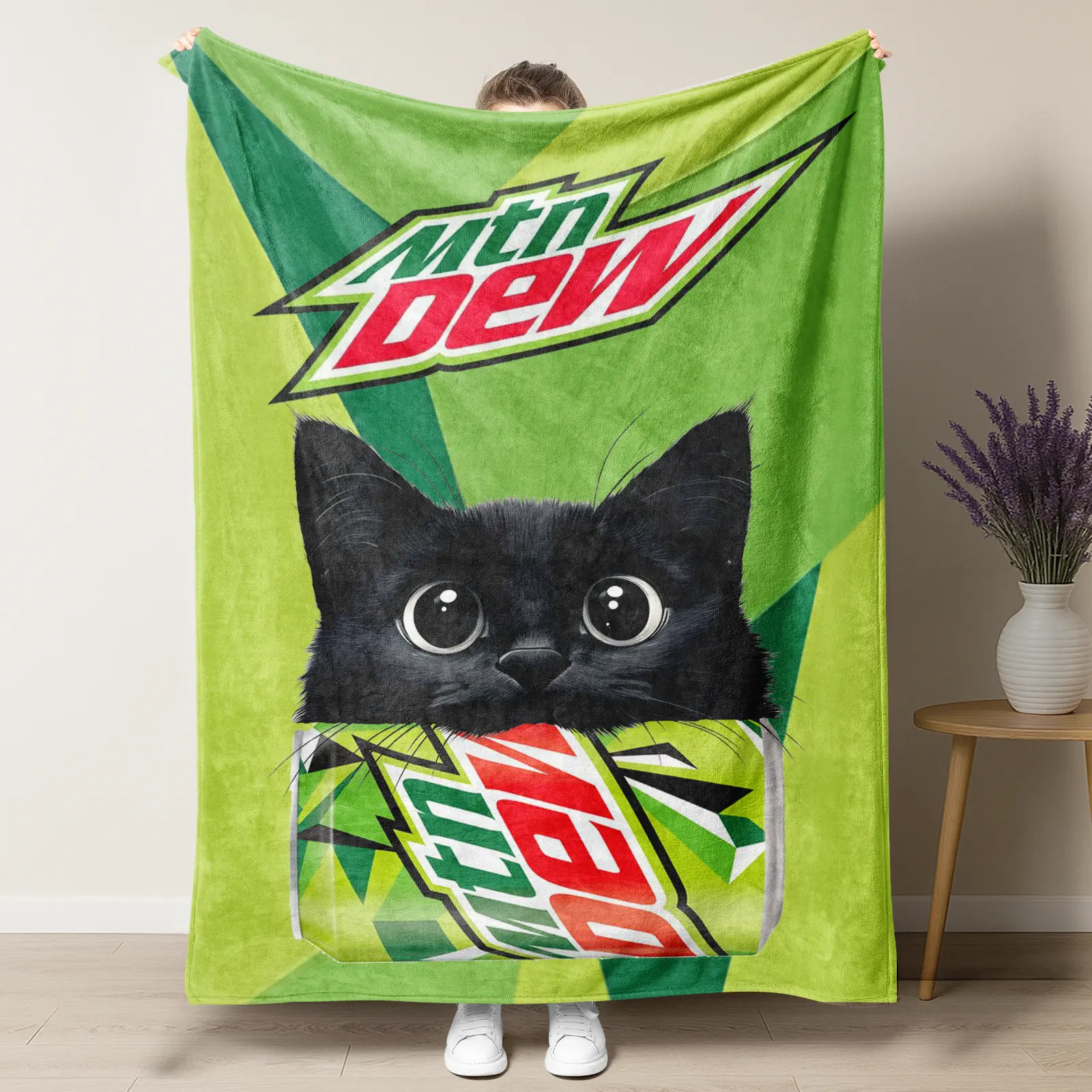Mountain Dew Black Cat Neon Green Soda Blanket - Funny Void Cat Peeking Throw Blanket - Vibrant Lime Green Fleece Blanket for Gamers & Cat Lovers - Soft Cozy Room Decor Gift