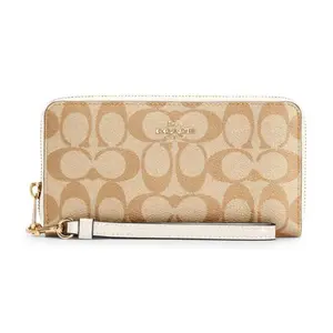 COACH Zip-Around 19 Long Wallet in Signature Canvas and Leather for Women, White with Khaki Monogram