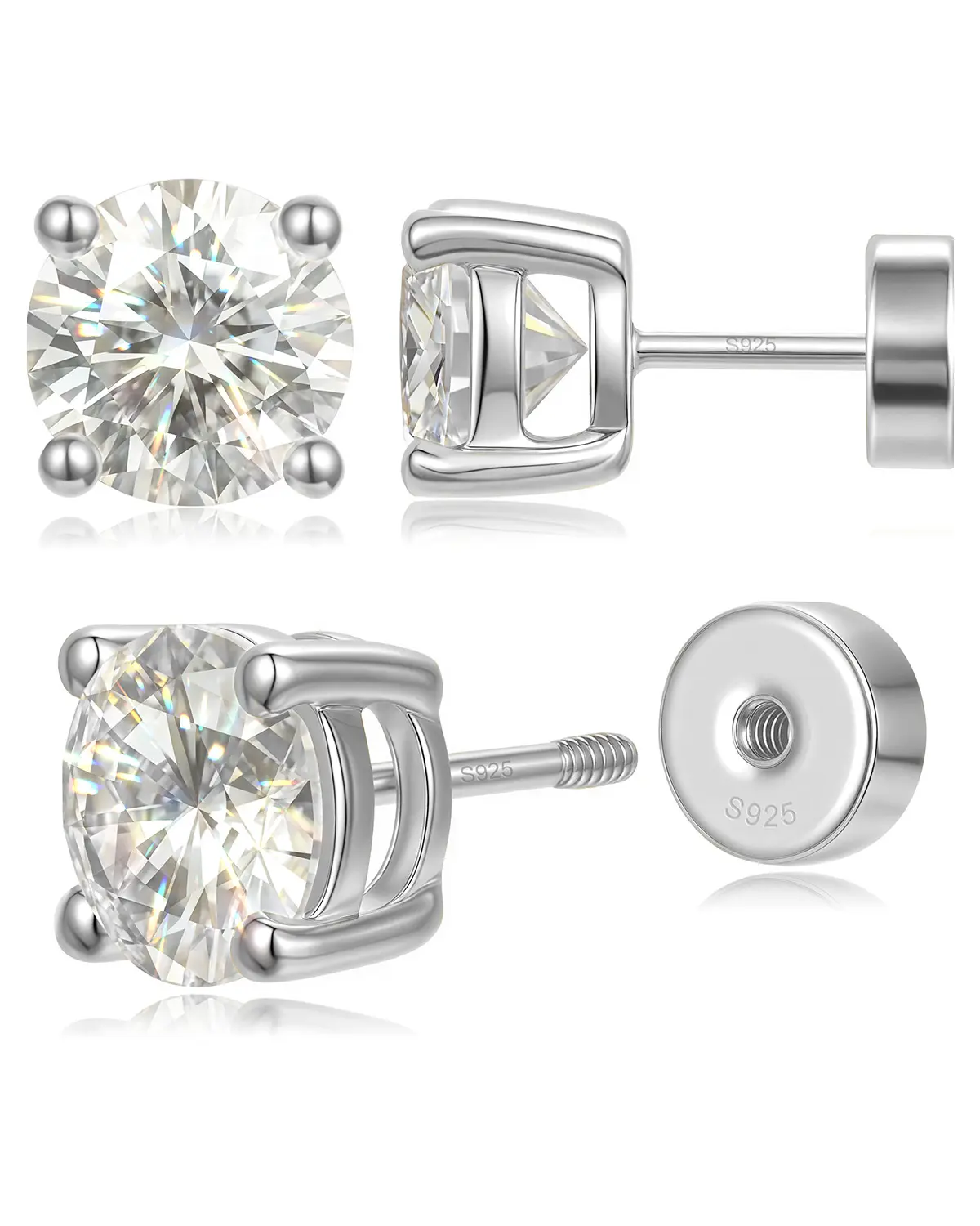 925 Silver Flat Back Moissanite Stud Earrings for Women - 0.2ct-2ct Round Cut Minimalist Earrings, Screw Back Poke-Free Fit Daily Wear, Hypoallergenic White Gold Plated Comfortable Sleep Jewelry, Birthday Valentine's Day Gifts