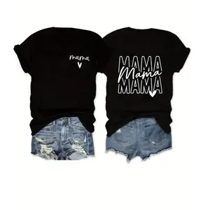 Ladies' Fashion "Mama" T-Shirt Perfect Mother's Day Gift & Casual Wear Double-Sided Printed Round Neck Short Sleeves Slim Versatile High-Quality Leisure Sports Fashionable Single Piece Unisex Womenswear