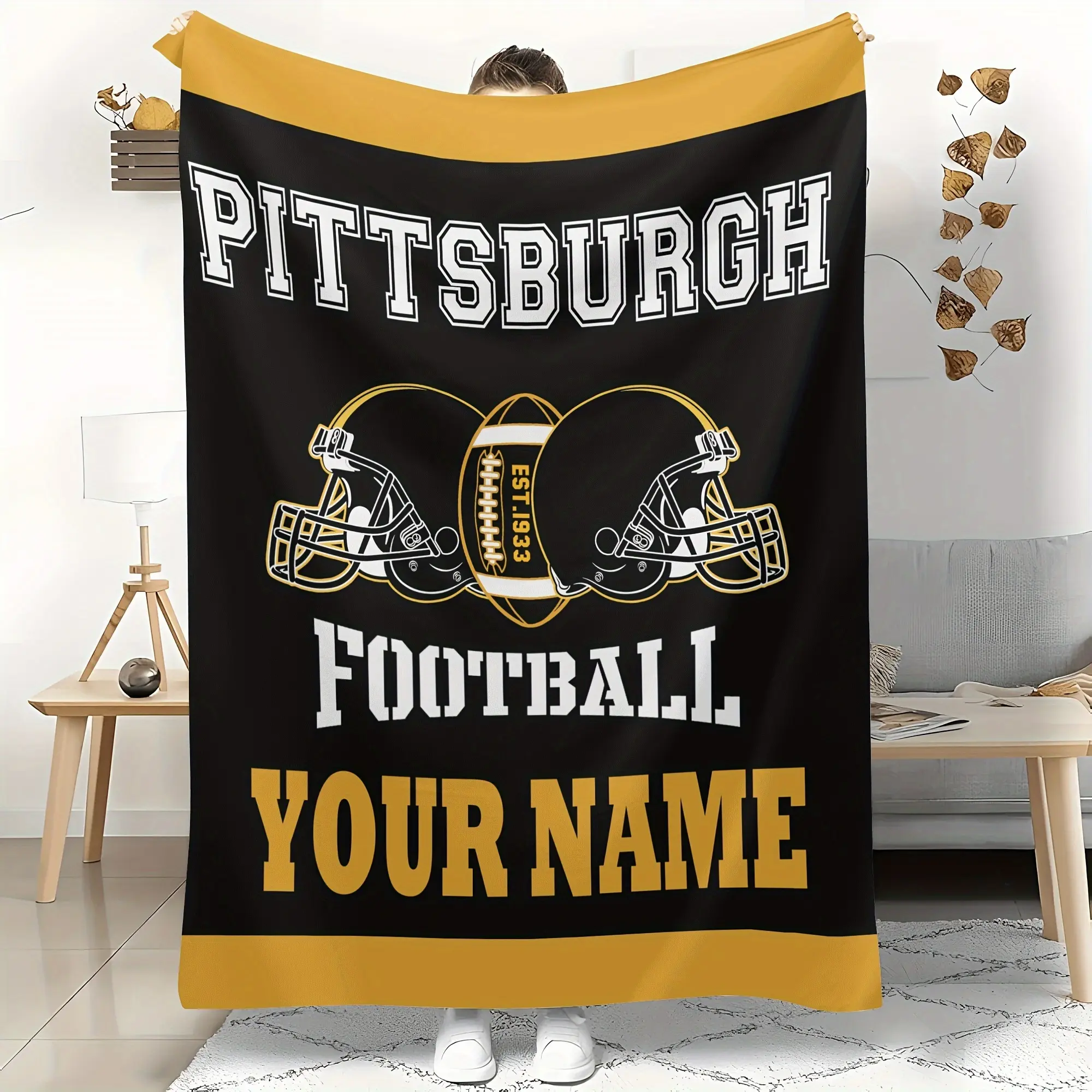 Custom Pittsburgh Football Fleece Blanket - Personalized Name, Perfect Gift for Sports Fans, for Bed, Couch or Travel