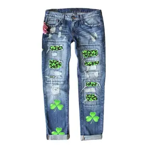St. St. Patrick’s Day 2026 New Clover Print Mid-Rise Straight-Leg Women’s Jeans GARMENTARY