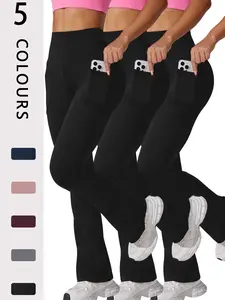 3 Pack Women's Super Soft Flare Pants with Pockets, High Waisted Tummy Control Bell Bottoms, No See Through Workout Leggings