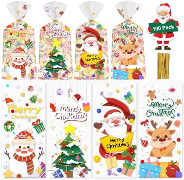 100 Pcs Christmas Treat Bags - Cute Merry Christmas Cellophane Bags, Plastic Christmass Gift Bags Bulk, Clear Winter Xmas Candy Cello Goodie Bag with Twist Ties for Xmas Party Favors Supplies