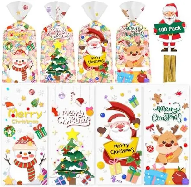 100 Pcs Christmas Treat Bags - Cute Merry Christmas Cellophane Bags, Plastic Christmass Gift Bags Bulk, Clear Winter Xmas Candy Cello Goodie Bag with Twist Ties for Xmas Party Favors Supplies