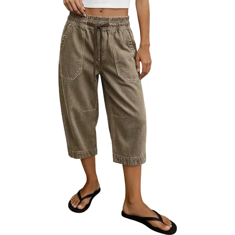 Flamingals Solid Patch Pocket Drawstring Elastic Mid Rise Barrel Leg Capri Pants Stretchy 18.9'' Inseam