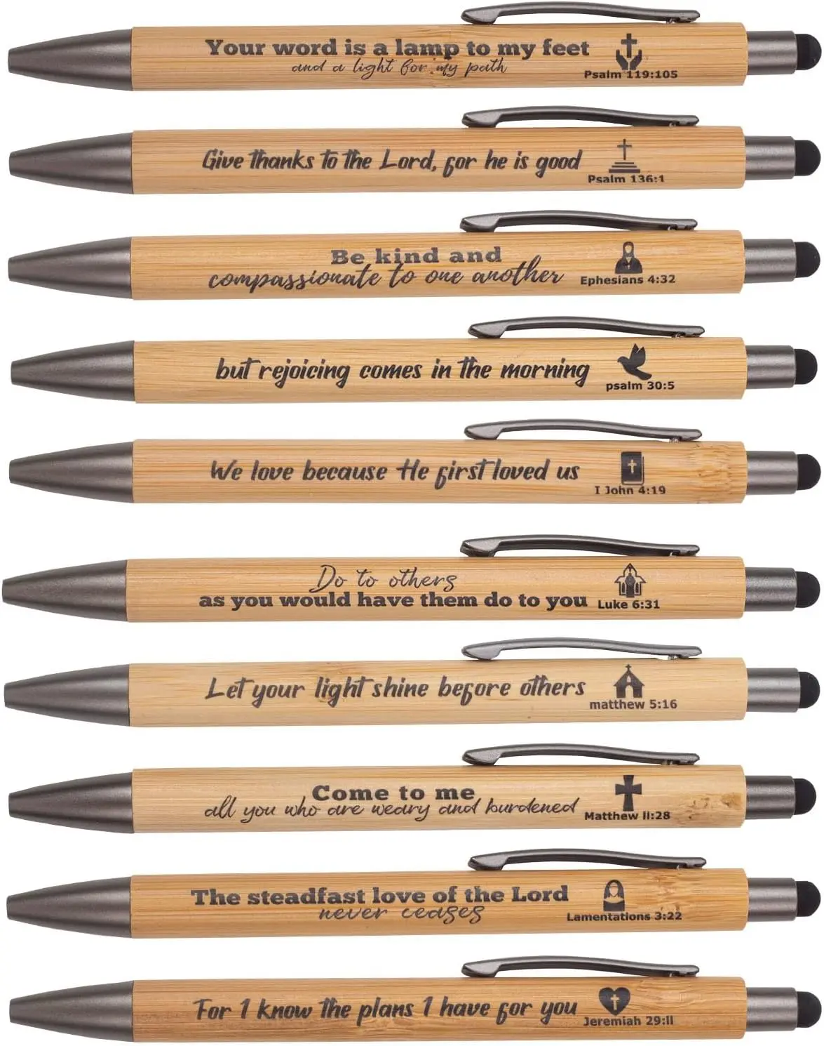 10-Piece Bamboo Bible Verse Stylus Ballpoint Pens, Christian Inspirational Scripture Bulk Gift Items for Church Attendees, Sunday Party Supplies, Office Stationery Writing Tools