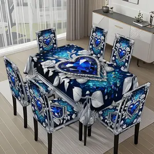 5/7-piece 2D Flat Printing Silver White Rose Blue Diamond Heart Printing Pattern Tablecloth and Chair Cover Set, for dining table and chair decoration, perfect for home, holiday gatherings, restaurants, and parties.