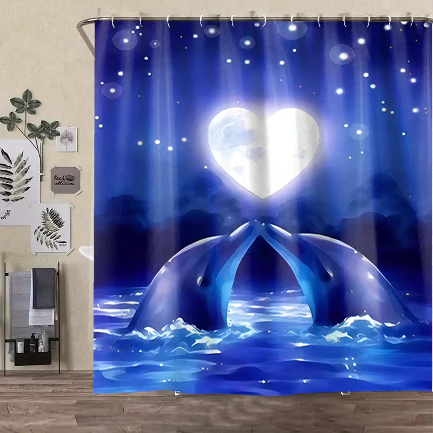 Dolphin Pattern Printed Shower Curtain Set with Rug, Non-Slip Bath Mat, U-Shaped Toilet Lid Cover Pad, Bathroom Decor with Hooks
