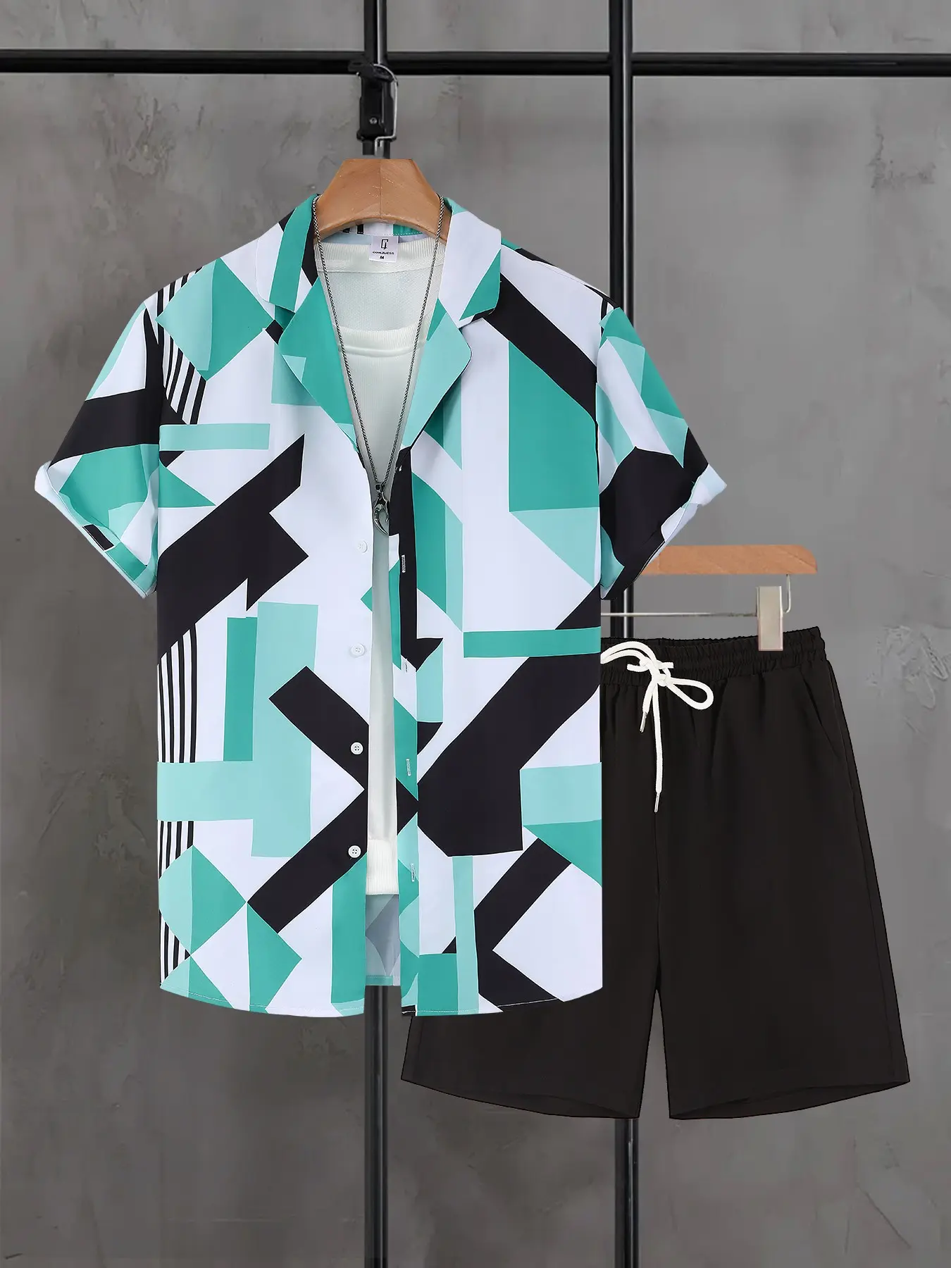 Men's Teal Geometric Print 2-Piece Outdoor Casual Set - Short Sleeve Camp Collar Shirt & Black Drawstring Shorts, Breathable Lightweight Fabric, Loose Fit for Hiking, Beach Days & Summer Outdoor Activities Clothing Sets
