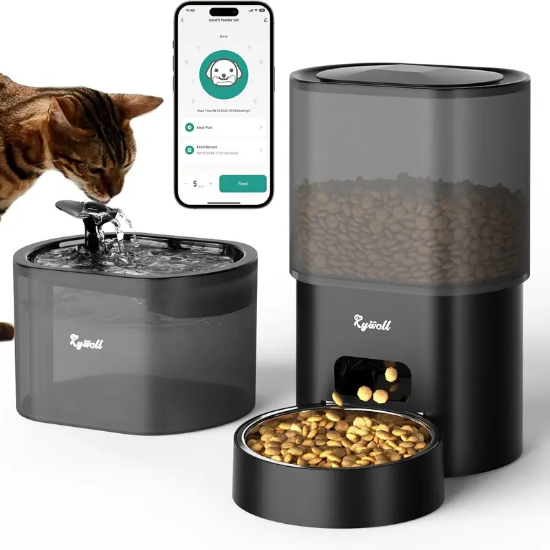 App-Controlled Automatic Cat Feeder & Water Station Combo, 3L Kibble Dispenser with Food Storage Seal, 85oz/2.5L Wi-Fi Bowl, 10s Voice Message, Stainless Steel Bowls & Feeding Tray, Dual Power Convenience, ABS Build, Easy Cleaning, 9 Daily Meal Slots
