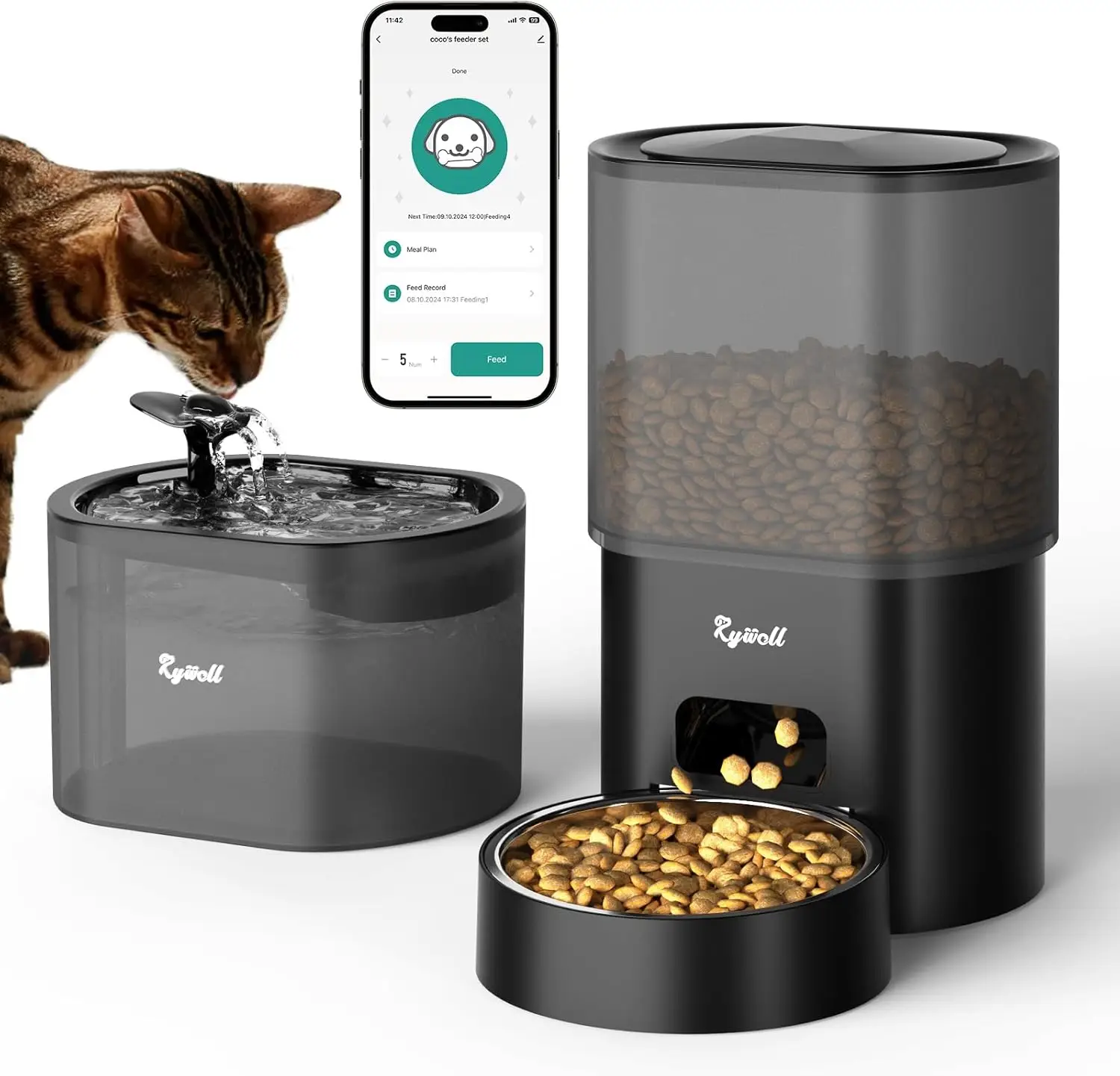 Automatic Pet Feeder & Water Fountain, App Control 3L Cat Food Dispenser, 85oz/2.5L Automatic Water Dispenser, Dual Power Supply with Voice Recorder S