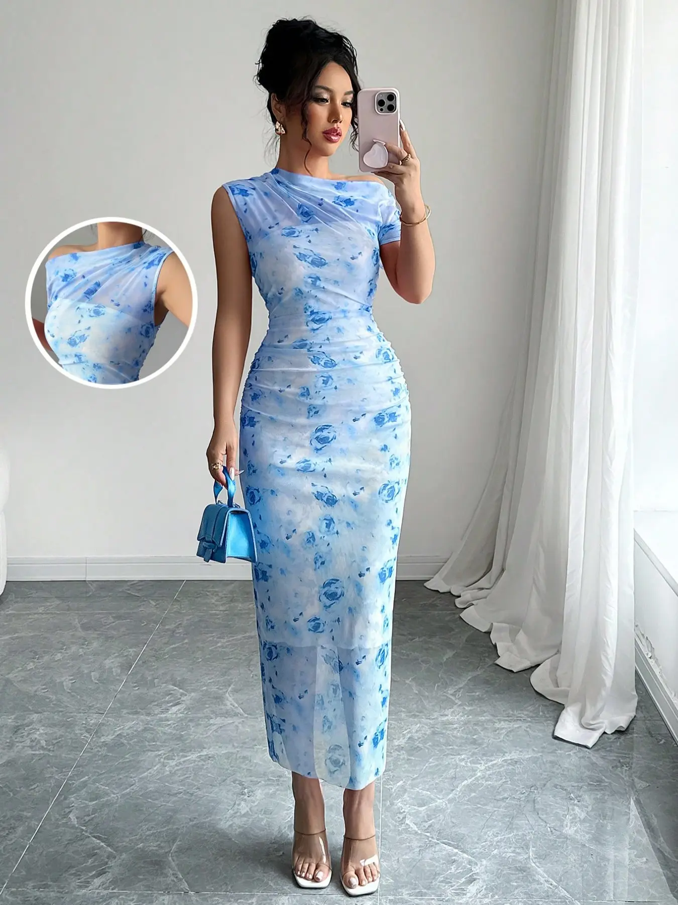 New Summer French Style Peach Tie-Dye Print Asymmetrical Shoulder Design Casual Wear Bodycon Dress, Slimming High Waist Pure Desire Dress Womenswear