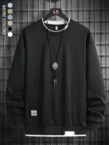 Men's 2 in 1 Letter Patched Sweatshirt, Casual Regular Fit Asymmetrical Hem & Neckline Long Sleeve Pullover for Spring & Fall, Fashion Men's Top for Daily Wear